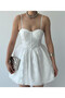 Women's White Mini Dress with Straps, Sweetheart Neckline, Corset Look, Ruched and Flared - 2