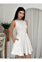 Women's White Mini Dress with Crew Neck, Sleeveless, Pockets, Flared Skirt, Stylish Design