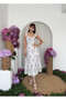 Women's White Floral Patterned Gathered Strap Square Neck Midi Dress - 4