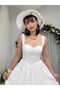 Women's White Dress with Scallop Texture, Straps, Heart Collar, Gathered Long Dress - 6