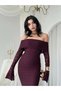 Women's Plum Lace Midi Dress Boat Neck Long Sleeve Flounce Hem - 5