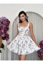 Women's White Mini Dress with Floral Pattern, Straps, Lace Detail, Flared Cut - 4
