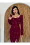 Women's Burgundy Midi Dress with Pearl Detail, Square Neck, Slit, Long Sleeves - 2