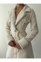 Women's White Jacket with Contrast Textured Collar and Cuffs, Belted and Buttoned, Mini Cut - 4