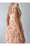 Women's Beige Floral Patterned Strappy Bowknot Layered Flounce Midi Dress - 5