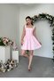Women's Pink Poplin Mini Dress with Square Collar and Button Detail and Gathered Skirt - 5
