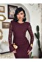 Women's Plum Midi Dress Lace Textured Crew Neck Long Sleeve Gathered