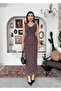 Women's Coffee Color Midi Dress Plaid Patterned Degaje Collar Draped Strap Tulle - 4