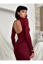 Women's Burgundy Long Sleeve Turtleneck Backless Gathered Long Dress - 3