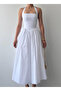 Women's White Halter Neck Square Neck Shirred Skirted Poplin Midi Dress - 2
