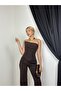 Women's Coffee Color Top and Bottom Set Strapless Draped Blouse and High Waist Wide Leg Pants Set - 3