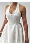 Women's White Halter Neck Button Detailed Backless Midi Poplin Dress - 4