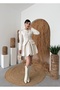 Women's White Skirt Jacket Set with Gold Buttons, Balloon Sleeves, Flared Mini Skirt - 8