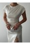 Women's Ecru Midi Dress with Satin Texture, Lace Detail, Slit and Short Sleeves - 3