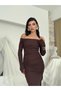 Women's Coffee Color Boat Neck Draped Long Sleeve Dress with Slit Detail - 3
