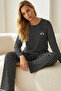 Black and White Striped Patterned Viscose Knitted Pajama Set26240305