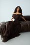 Brown Strapless Boat Neck Long Flared Lace Evening Dress - 6