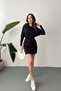 Women's Black Hooded Mini Sweatshirt Dress with Elastic Waist Long Sleeves Plain