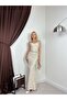 Women's Beige Thin Strap Lace Embroidered Square Neck Maxi Fish Dress