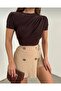 Women's Crew Neck and Waist Gathered Sandy Fabric Short Sleeve Blouse - 2