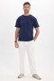 Men's Oversize Wide Cut Cotton Short Sleeve Lycra Pocket Navy Blue Crew Neck T-Shirt - 2