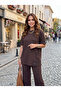 Women's Modal Fabric Lace Detailed Short Sleeve Top and Bottom Two-Piece Set Brown - 3