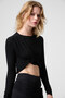 Slate Women's Round Neck Front Knot Detailed Fitted Stretchy Fabric Crop Black Blouse - 3