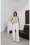 Women's Ecru Double Belt Baggy Fit Double Belt Detailed Ecru High Waist Wide Leg Jean Trousers - 3
