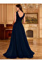 Navy Blue Sequin A-Line Maxi Evening Dress - 2