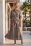 Italian Mink Shirt Collar 3/4 Sleeve Lined Belted Casual Scalloped Long Woven Dress 130 58 - 7