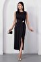 Oval Neckline Side Pleated Buckled Satin Dress K-251633
