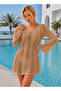 Women's Long Sleeve Spanish Sleeve Front Back V-Neck Back Tie Cotton Camel Mini Swimsuit Top Beach Dress - 2