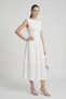Women's Lined Midi White Dress with Pocket Detail and Draped Waist Design - 2