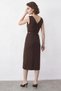Women's Boat Neck Belted Front Slit Detailed Midi Pencil Bitter Brown Dress - 4