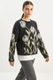 Women's Crew Neck Floral Patterned Embroidered Oversize Knitwear Black Sweater - 3