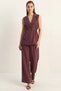 Women's Elastic Waist Buckle Detailed Lined Vest Double Pleated Loose Trousers Modal Plum Suit - 7