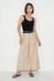 Women's High Waist Belted Pleated Detailed Wide Leg Beige Skirt Trousers - 4