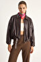 Women's Oversize Buckle Leather Brown Jacket