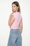 Women's Boat Neck Eyelet Studded Side Gathered Waist Fitted Draped Pink Blouse - 5