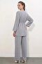 Women's Kimono Collar Drawstring Waist Gray Set - 5