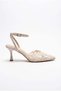 Women's Lace Detailed Pointed Toe Thin Heeled Shoes Beige - 3