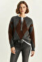 Women's Buttoned Diamond Patterned Basic Knitwear Anthracite Brown Sweater - 7