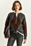 Women's Buttoned Diamond Patterned Basic Knitwear Anthracite Brown Sweater