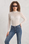 Women's Long Sleeve Half Turtleneck Transparent Tulle Lace Bodysuit White - 6