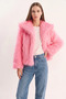 Women's Wide Collar Lined Short Faux Fur Candy Pink Jacket - 2
