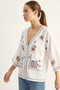 Women's Embroidered Pocket Detailed V-Neck Muslin White Shirt - 4