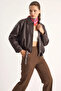Women's Oversize Buckle Leather Brown Jacket - 6