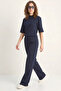 Women's Soft Touch Ribbed Half Sleeve T-Shirt Elastic Wide Leg Navy Blue Pants Set - 3