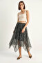 Women's Patterned Asymmetrical Cut Lined Chiffon Midi Petrol Green Skirt - 6