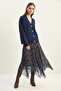Women's Plaid Patterned Crinkle Effect Lined Midi Chiffon Navy Blue Skirt - 6